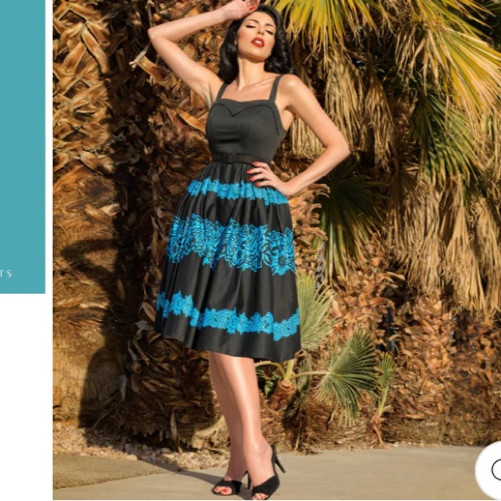 Black Midi Dress with Bright Teal Lace Bands